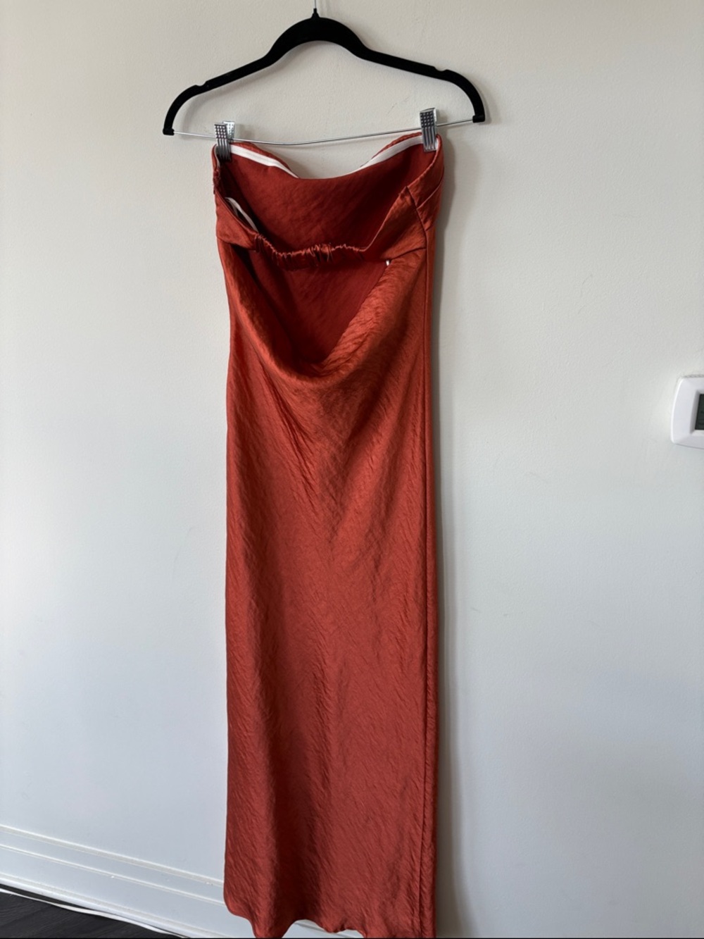 Hello Molly Open Back Maxi Dress Orange Satin Strapless - Picture 7 of 8